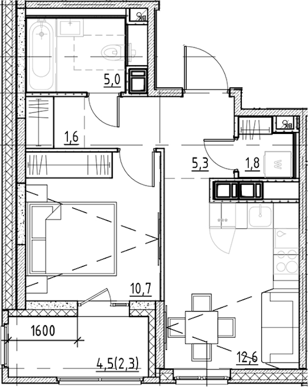 1-комнатная квартира 39.3 м², 4/9 эт., ЖК «Янила Форест»